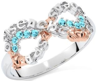 Aquamarine White Rose Gold Claddagh Infinity Irish "Love, Loyalty, & Friendship" Ring
