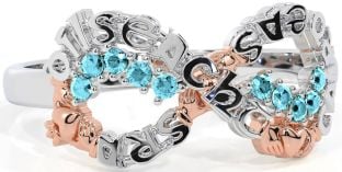 Aquamarine White Rose Gold Claddagh Infinity Irish "Love, Loyalty, & Friendship" Ring