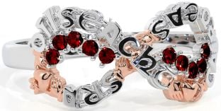 Garnet White Rose Gold Claddagh Infinity Irish "Love, Loyalty, & Friendship" Ring