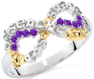 Amethyst White Yellow Gold Claddagh Infinity Irish "Love, Loyalty, & Friendship" Ring