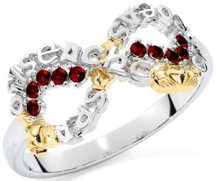 Garnet White Yellow Gold Claddagh Infinity Irish "Love, Loyalty, & Friendship" Ring