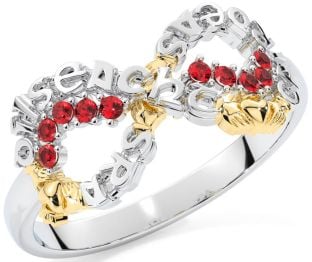 Ruby White Yellow Gold Claddagh Infinity Irish "Love, Loyalty, & Friendship" Ring