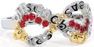 Ruby White Yellow Gold Claddagh Infinity Irish "Love, Loyalty, & Friendship" Ring