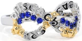 Sapphire White Yellow Gold Claddagh Infinity Irish "Love, Loyalty, & Friendship" Ring