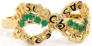 Emerald Gold Claddagh Infinity Irish "Love, Loyalty, & Friendship" Ring