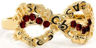 Garnet Gold Claddagh Infinity Irish "Love, Loyalty, & Friendship" Ring