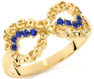 Sapphire Gold Claddagh Infinity Irish "Love, Loyalty, & Friendship" Ring