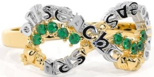 Emerald White Yellow Gold Claddagh Infinity Irish "Love, Loyalty, & Friendship" Ring