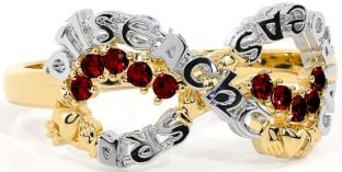 Garnet White Yellow Gold Claddagh Infinity Irish "Love, Loyalty, & Friendship" Ring
