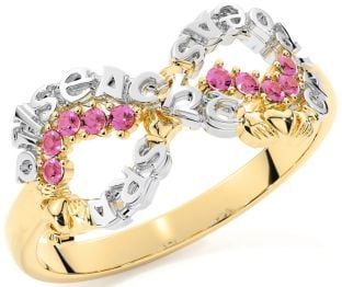 Pink Tourmaline White Yellow Gold Claddagh Infinity Irish "Love, Loyalty, & Friendship" Ring