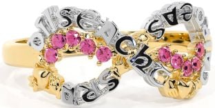 Pink Tourmaline White Yellow Gold Claddagh Infinity Irish "Love, Loyalty, & Friendship" Ring
