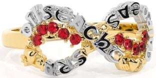 Ruby White Yellow Gold Claddagh Infinity Irish "Love, Loyalty, & Friendship" Ring