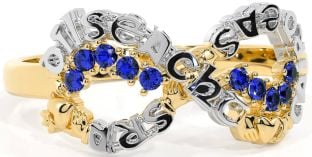 Sapphire White Yellow Gold Claddagh Infinity Irish "Love, Loyalty, & Friendship" Ring