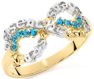Topaz White Yellow Gold Claddagh Infinity Irish "Love, Loyalty, & Friendship" Ring