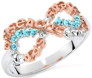 Aquamarine Rose Gold Silver Claddagh Infinity Irish "Love, Loyalty, & Friendship" Ring