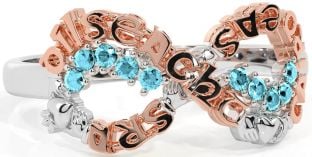 Aquamarine Rose Gold Silver Claddagh Infinity Irish "Love, Loyalty, & Friendship" Ring