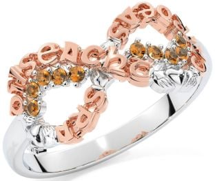 Citrine Rose Gold Silver Claddagh Infinity Irish "Love, Loyalty, & Friendship" Ring
