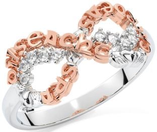Diamond Rose Gold Silver Claddagh Infinity Irish "Love, Loyalty, & Friendship" Ring
