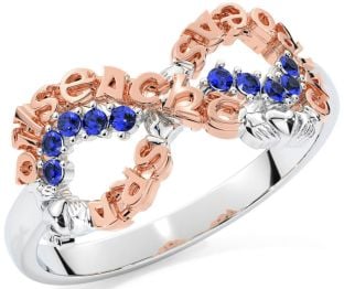 Sapphire Rose Gold Silver Claddagh Infinity Irish "Love, Loyalty, & Friendship" Ring