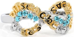 Aquamarine Gold Silver Claddagh Infinity Irish "Love, Loyalty, & Friendship" Ring