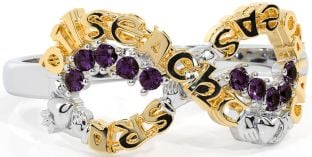Alexandrite Gold Silver Claddagh Infinity Irish "Love, Loyalty, & Friendship" Ring