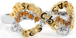 Citrine Gold Silver Claddagh Infinity Irish "Love, Loyalty, & Friendship" Ring