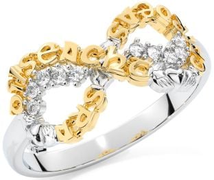 Diamond Gold Silver Claddagh Infinity Irish "Love, Loyalty, & Friendship" Ring