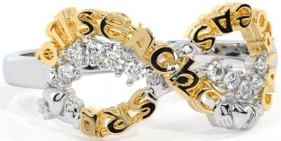 Diamond Gold Silver Claddagh Infinity Irish "Love, Loyalty, & Friendship" Ring