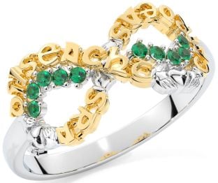 Emerald Gold Silver Claddagh Infinity Irish "Love, Loyalty, & Friendship" Ring