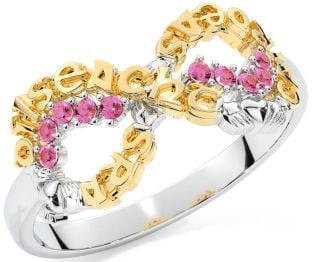 Pink Tourmaline Gold Silver Claddagh Infinity Irish "Love, Loyalty, & Friendship" Ring