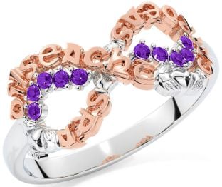 Amethyst White Rose Gold Claddagh Infinity Irish "Love, Loyalty, & Friendship" Ring