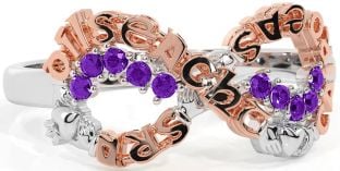 Amethyst White Rose Gold Claddagh Infinity Irish "Love, Loyalty, & Friendship" Ring