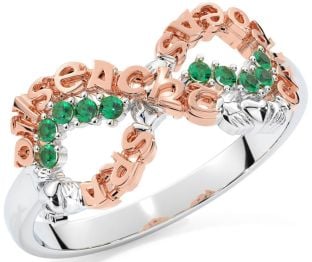 Emerald White Rose Gold Claddagh Infinity Irish "Love, Loyalty, & Friendship" Ring