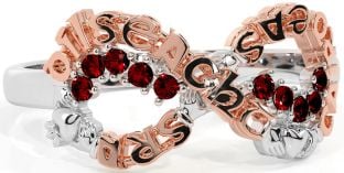 Garnet White Rose Gold Claddagh Infinity Irish "Love, Loyalty, & Friendship" Ring