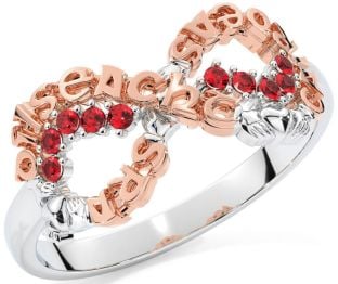 Ruby White Rose Gold Claddagh Infinity Irish "Love, Loyalty, & Friendship" Ring