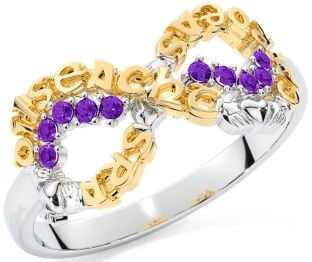Amethyst White Yellow Gold Claddagh Infinity Irish "Love, Loyalty, & Friendship" Ring