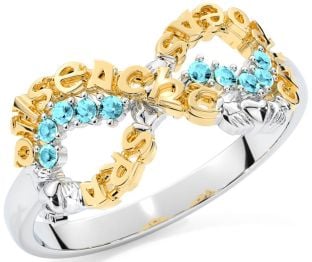 Aquamarine White Yellow Gold Claddagh Infinity Irish "Love, Loyalty, & Friendship" Ring