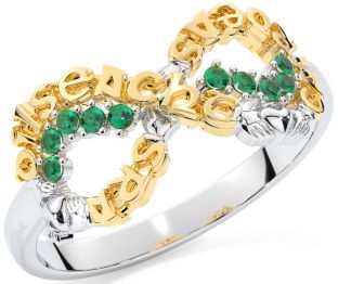 Emerald White Yellow Gold Claddagh Infinity Irish "Love, Loyalty, & Friendship" Ring