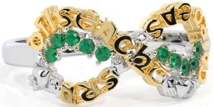 Emerald White Yellow Gold Claddagh Infinity Irish "Love, Loyalty, & Friendship" Ring