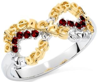 Garnet White Yellow Gold Claddagh Infinity Irish "Love, Loyalty, & Friendship" Ring