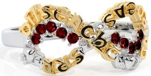 Garnet White Yellow Gold Claddagh Infinity Irish "Love, Loyalty, & Friendship" Ring