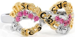 Pink Tourmaline White Yellow Gold Claddagh Infinity Irish "Love, Loyalty, & Friendship" Ring