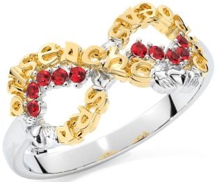 Ruby White Yellow Gold Claddagh Infinity Irish "Love, Loyalty, & Friendship" Ring