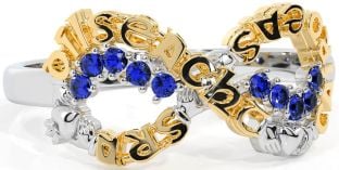 Sapphire White Yellow Gold Claddagh Infinity Irish "Love, Loyalty, & Friendship" Ring