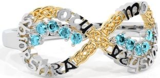 Aquamarine Gold Silver Celtic Infinity Irish "My eternal love" Ring