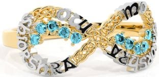 Aquamarine Gold Silver Celtic Infinity Irish "My eternal love" Ring