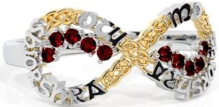 Garnet White Yellow Gold Celtic Infinity Irish "My eternal love" Ring