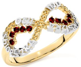 Garnet White Yellow Gold Celtic Infinity Irish "My eternal love" Ring