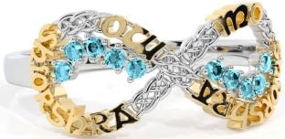 Aquamarine Gold Silver Celtic Infinity Irish "My eternal love" Ring