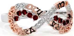 Garnet White Rose Gold Celtic Infinity Irish "My eternal love" Ring